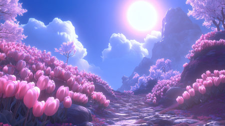 A beautiful landscape featuring lush hills adorned with vibrant pink flowers, under a bright sun and soft clouds, evoking a sense of tranquility and peace.の素材