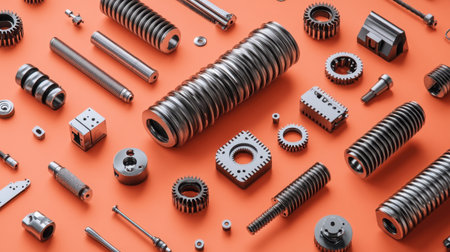 A striking arrangement of various metallic mechanical parts and components showcases detailed design. Ideal for industrial, engineering, and manufacturing projects.の素材