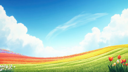 Experience a vivid spring landscape with colorful flower fields and a bright blue sky adorned with fluffy clouds, evoking feelings of joy and tranquility.の素材