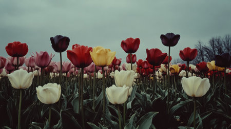 A vibrant field of tulips in various hues blooms dramatically under a moody sky. This image captures the essence of nature's beauty and springtime cheer.の素材