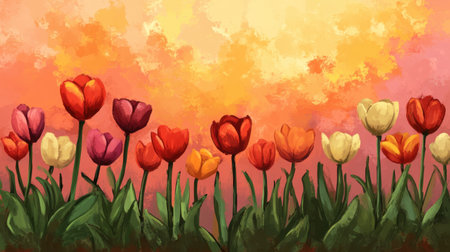 This captivating artwork features a field of vibrant tulips in shades of red, pink, and yellow against a soft pastel sunset sky, creating a serene and colorful atmosphere.の素材