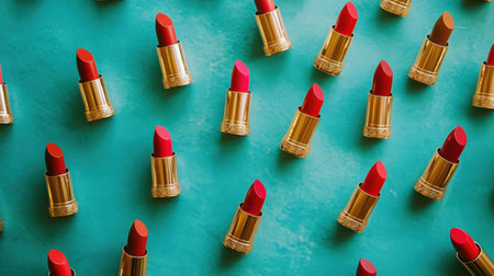A stunning arrangement of lipsticks in various shades of red and coral, artfully laid out on a vibrant surface, perfect for beauty marketing and lifestyle inspiration.の素材