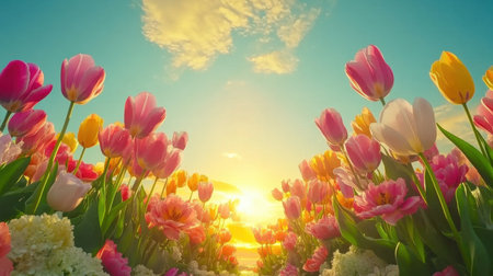A breathtaking view of a colorful tulip field during sunset, showcasing vibrant flowers under a beautiful sky filled with soft clouds.の素材