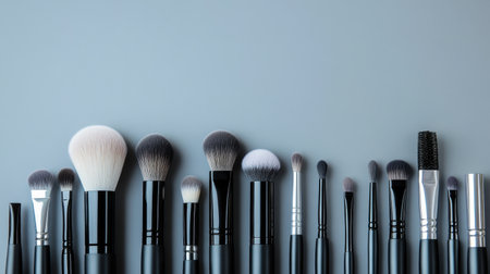 This image showcases a wide array of professional make-up brushes neatly arranged on a soft gray background, perfect for beauty enthusiasts and artists.の素材
