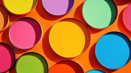 This image showcases an artistic arrangement of colorful paint cans in various hues set against a bright orange surface, ideal for creative projects.の素材