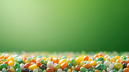 A vibrant display of colorful pebbles and stones set against a smooth green background, ideal for nature-themed projects and creative designs.の素材