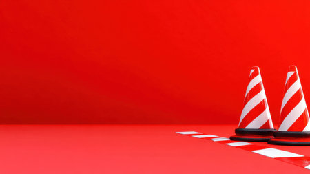 A striking image featuring two striped traffic cones against a vivid red background, creating a bold visual theme ideal for safety-related projects or designs.の素材