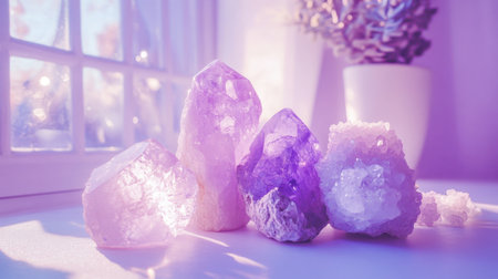 A captivating display of assorted colorful crystals and gemstones, showcasing vibrant hues of purple and pink, beautifully illuminated by sunlight.の素材