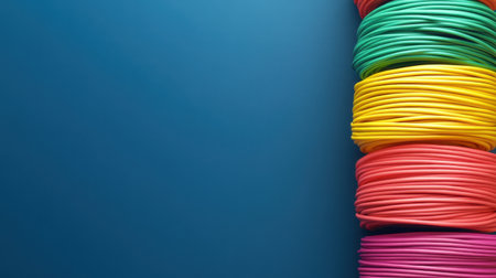 A visually striking image of colorful coiled wires stacked against a smooth blue background. Ideal for projects emphasizing creativity, design, and modern technology.の素材