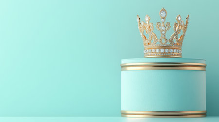 A beautiful golden crown resting on a soft blue box creates a luxurious and elegant display, perfect for themes of celebration and royalty.の素材