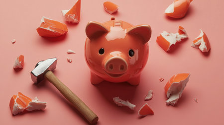 A broken piggy bank with a hammer beside it, capturing the essence of financial struggles, challenges in saving, and the importance of managing expenses effectively.の素材