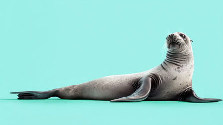 This eye-catching image features a playful sea lion lounging gracefully against a vibrant turquoise backdrop. The sea lion's charming expression and sleek body highlight its playful nature and serene demeanor, perfect for marine wildlife themes.の素材