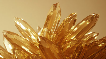A stunning close-up of radiant golden crystals reflecting light, showcasing sharp edges and intricate textures. Perfect for designs focused on luxury and elegance.の素材