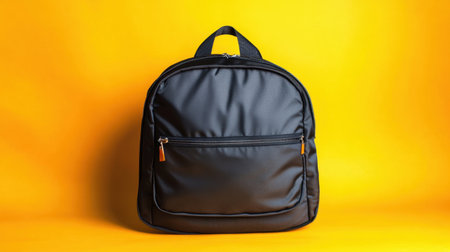 A sleek black backpack stands prominently against a bright yellow background, showcasing its stylish design and practical features for everyday use and travel.の素材
