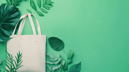 An eco-friendly shopping bag lies on a bright green background, surrounded by various fresh leaves. This vibrant composition emphasizes sustainability and nature, making it perfect for eco-conscious projects.の素材