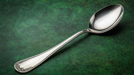 A beautifully crafted silver spoon rests gracefully against a textured green background, showcasing its intricate design and elegance, ideal for culinary scenes.の素材