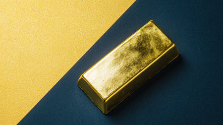 A stunning still-life capture of a shiny gold bar set against a vibrant background that contrasts dark and light elements. Perfect for themes of luxury and prosperity.の素材