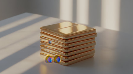 A visually captivating image of stacked gold bars resting on a white surface. Soft light and shadows enhance the gold's shiny texture, creating an elegant ambiance.の素材