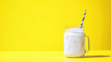 A delightful creamy beverage in a glass jar featuring a striped straw, set against a vibrant yellow background, perfect for summer refreshment.の素材