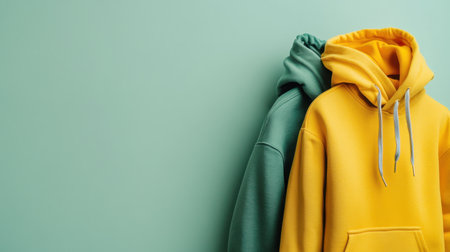 This image showcases a pair of stylish hoodies in vibrant green and yellow hues against a soft mint background, perfect for showcasing modern casual wear.の素材