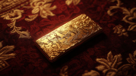 This stunning image features an ornate golden card case embellished with intricate floral patterns resting on luxurious red fabric. The design evokes elegance.の素材