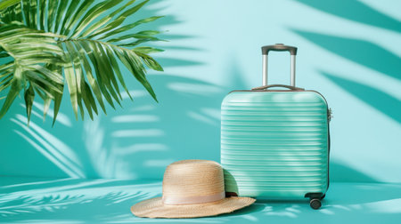 A chic turquoise suitcase accompanied by a stylish straw hat, set against a vibrant background adorned with palm shadows, evokes summer travel inspiration.の素材