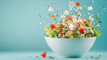 A vibrant garden salad filled with fresh vegetables and crumbled cheese, capturing the essence of healthy eating in a bright and inviting setting.の素材