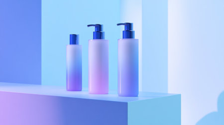 This image showcases a trio of elegant cosmetic bottles arranged in a modern setting, illuminated by soft blue and purple lighting, enhancing their minimalist beauty.の素材