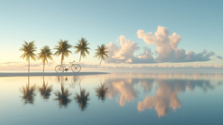 Capture a stunning beach scene featuring a bicycle beside palm trees, reflecting beautifully in calm waters during a peaceful sunrise, evoking tranquility.の素材