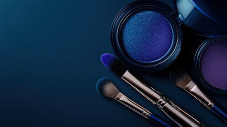 This image features a collection of vibrant makeup products including blue and purple eyeshadows along with professional brushes against a dark blue background, ideal for beauty enthusiasts.の素材