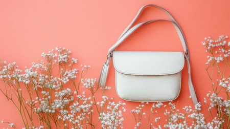 A stylish white handbag rests among delicate white flowers on a coral background, creating a fresh and elegant visual perfect for fashion-related projects.の素材