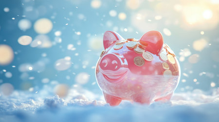 A cute transparent piggy bank adorned with coins sits on a snowy landscape. The background sparkles with soft light reflections, creating a festive winter vibe.の素材