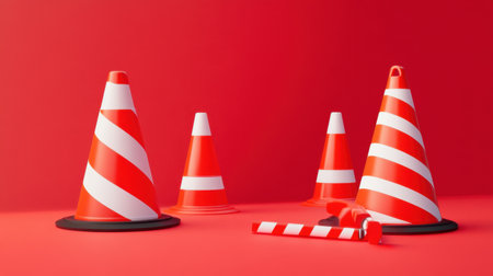 This vibrant stock photo features several bright orange and white striped traffic cones set against a striking red background, ideal for construction and safety themes.の素材