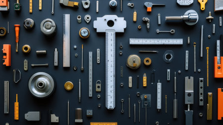 This image showcases an organized collection of various hand tools and measuring instruments, perfect for workshops and crafting activities, against a dark background.の素材