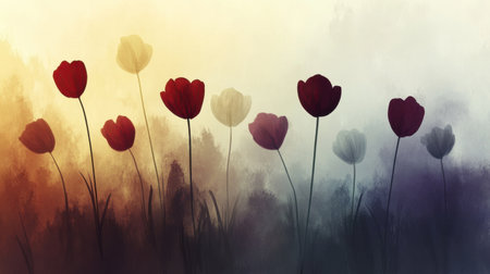 This enchanting image features silhouetted tulips in vivid red against a soft pastel gradient backdrop. Perfect for nature lovers, art projects, or floral themes.の素材