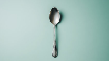 A sleek silver spoon is elegantly placed on a soft turquoise background, creating a minimalist aesthetic perfect for kitchen and culinary themes.の素材