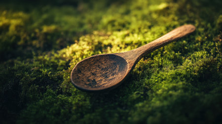 A beautifully crafted wooden spoon rests gently on vibrant green moss, creating a serene outdoor atmosphere that highlights nature's beauty.の素材