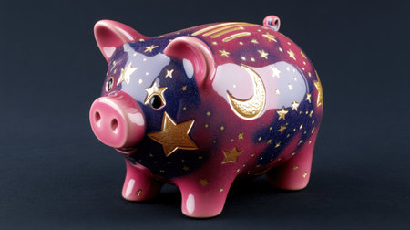 This charming ceramic piggy bank features a whimsical design with vibrant colors, stars, and moons, perfect for saving money in a playful manner.の素材