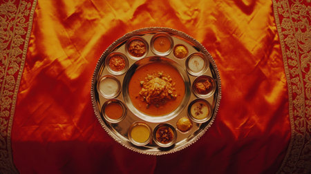 A beautifully arranged traditional Indian thali featuring an array of dishes served on an ornate plate, set against a vibrant orange backdrop, symbolizing culinary richness.の素材