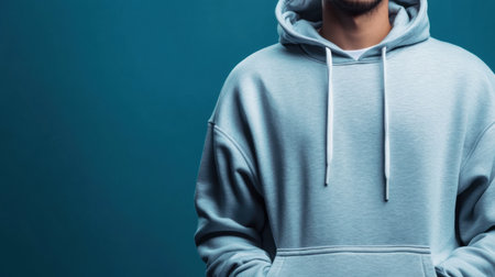 A stylish young man poses confidently in a light blue hoodie against a solid blue backdrop. This casual fashion statement captures modern urban trends and comfort.の素材