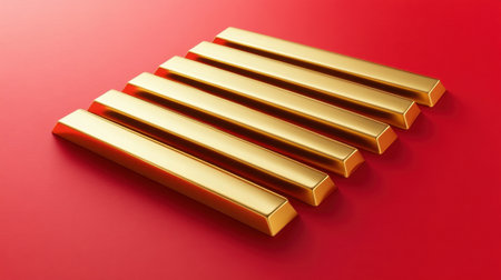 A striking arrangement of six gold bars on a vivid red background, emphasizing themes of wealth, finance, and luxury in a contemporary design.の素材
