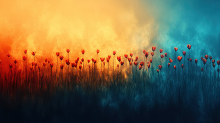 A stunning composition of vibrant red flowers set against a dramatic golden and blue background, capturing the essence of nature's beauty in an artistic manner.の素材