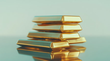 This image showcases a stack of gleaming gold bars elegantly arranged, reflecting light against a soft background. It represents wealth, luxury, and financial success.の素材