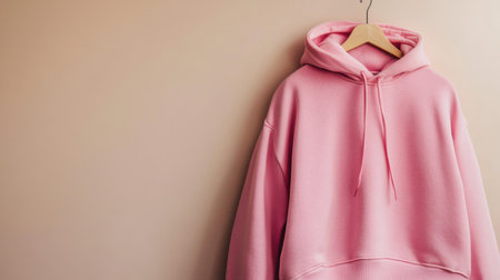 This image features a soft pink hoodie hanging on a wooden hanger. The light beige wall adds a cozy vibe, making it perfect for fashion and lifestyle themes.の素材