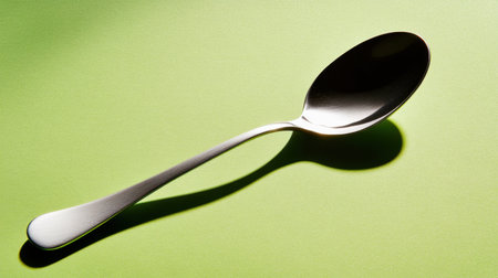 A sleek silver spoon resting on a vibrant green background, creating intriguing shadow patterns, perfect for culinary-themed projects and creative compositions.の素材