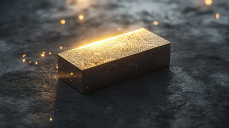 A captivating image of a shiny gold bar resting on a dark textured surface, illuminated by sparkling light effects, symbolizing wealth and luxury.の素材