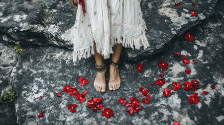 A captivating scene featuring a woman in a bohemian white dress, standing barefoot on stone, surrounded by vibrant red petals that create a serene atmosphere.の素材