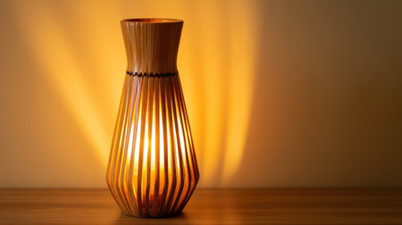 A beautifully designed wooden lamp that casts a warm and inviting glow, perfect for enhancing a minimalist interior and creating a cozy atmosphere.の素材