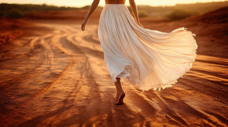 A serene moment featuring a woman gracefully walking along a desert path, wearing a flowing white skirt. The warm sunset creates an enchanting atmosphere.の素材
