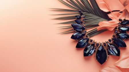 This stunning gemstone necklace is beautifully displayed on a soft pink background with tropical leaves and delicate feathers, perfect for fashion visuals.の素材